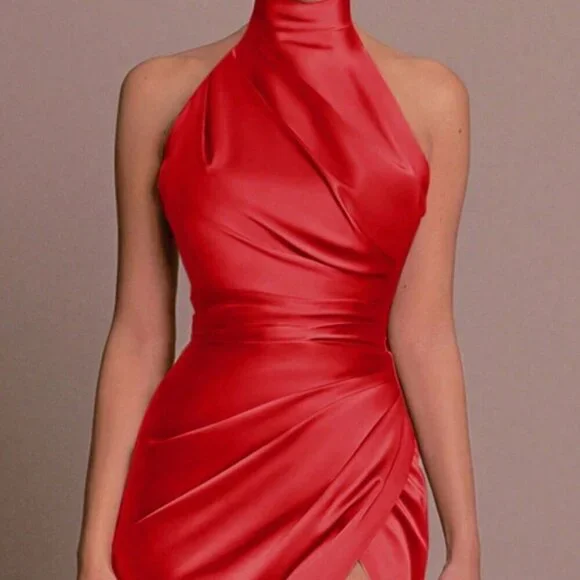 Red Sexy Women's Sleeveless V-Neck Bodycon Dress With High Slit - Picture 3 of 3